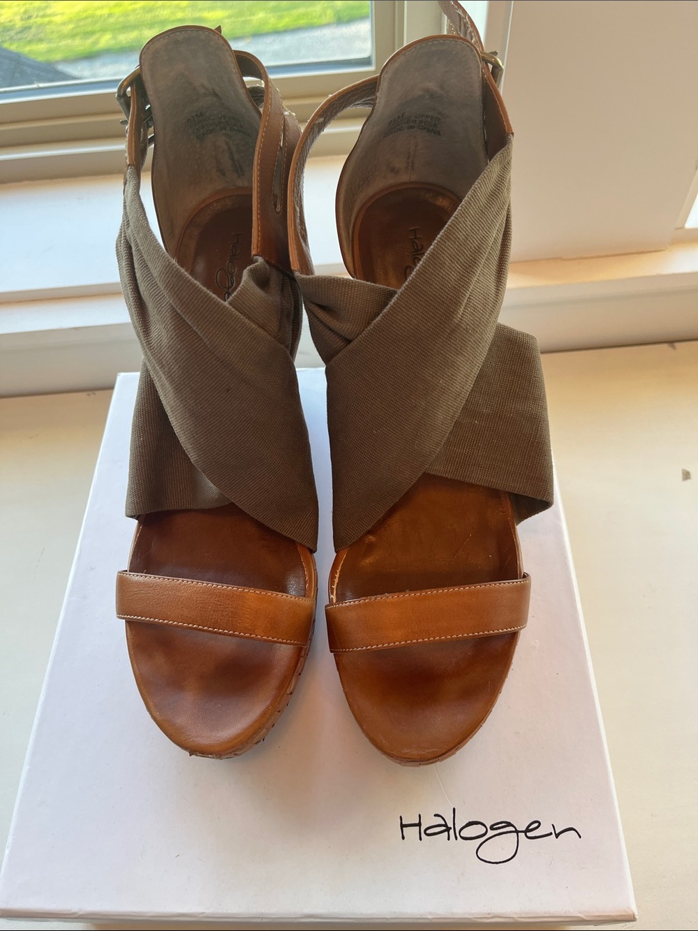 Halogen Brown Leather & Olive Fabric Crisscross Wedge Sandals